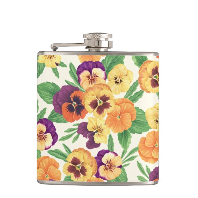 Pansies on off white hip flask (Front)