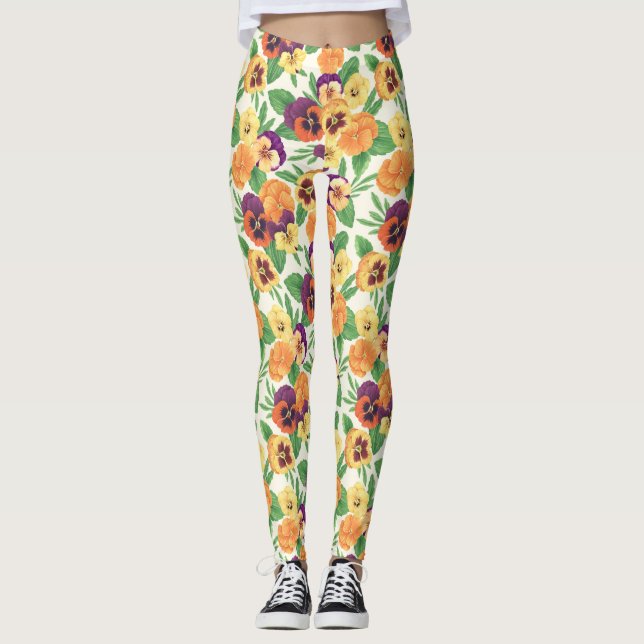 Pansies on off white leggings (Front)