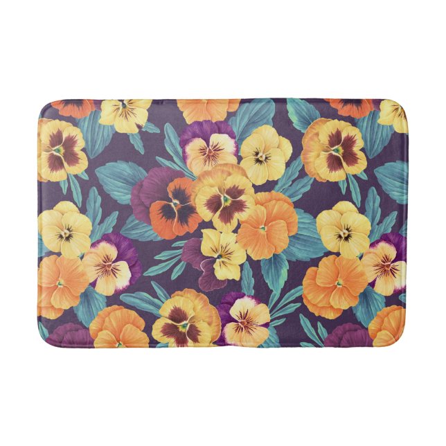 Pansies on plum violet bath mat (Front)