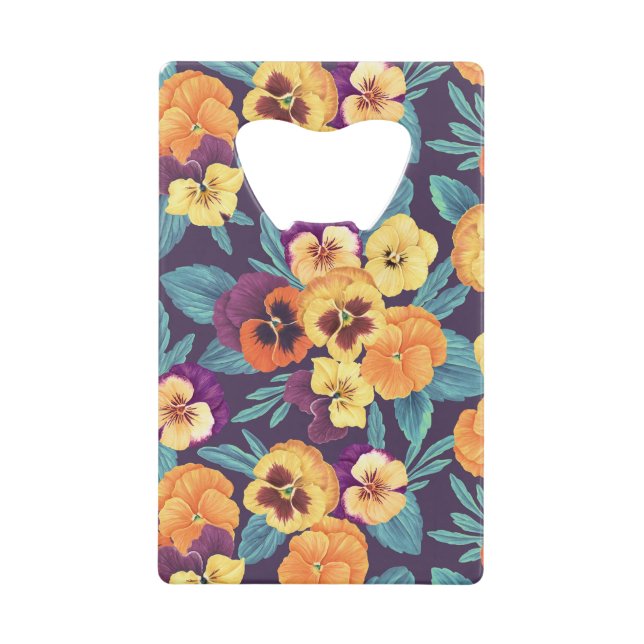 Pansies on plum violet credit card bottle opener (Front)