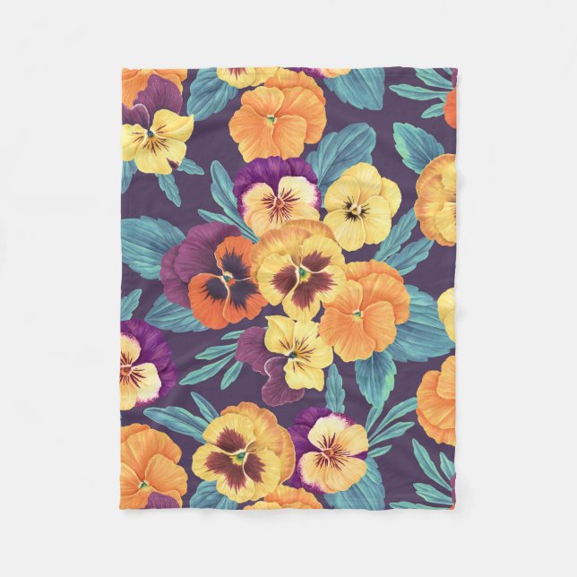 Pansies on plum violet fleece blanket (Front)
