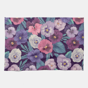 Pansies on plum violet kitchen towel