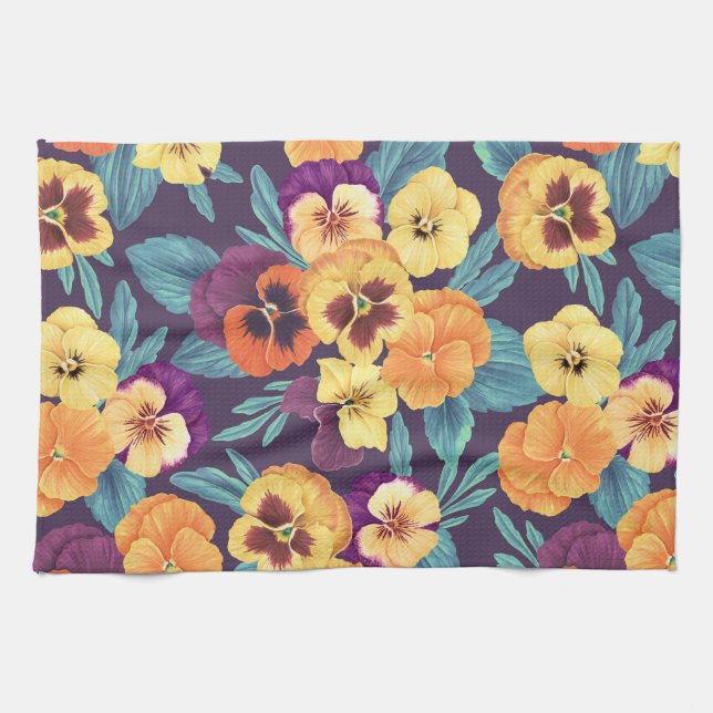 Pansies on plum violet kitchen towel (Horizontal)