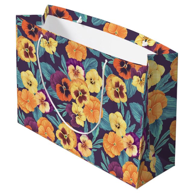 Pansies on plum violet large gift bag (Back Angled)