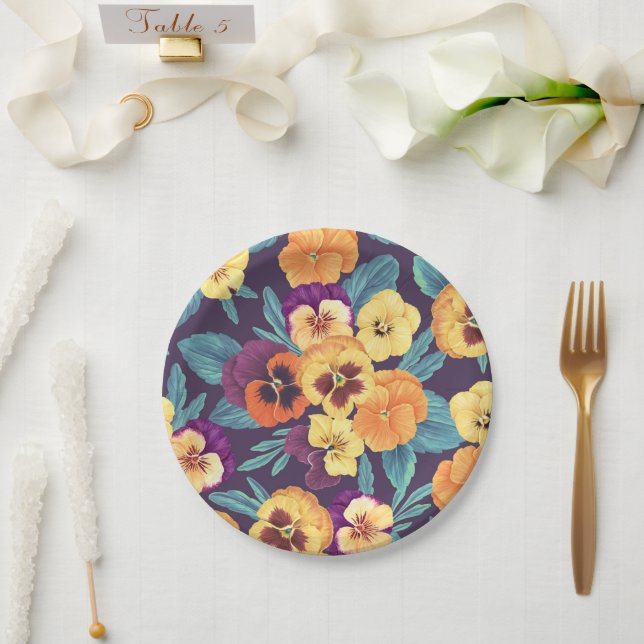 Pansies on plum violet paper plate (Wedding)