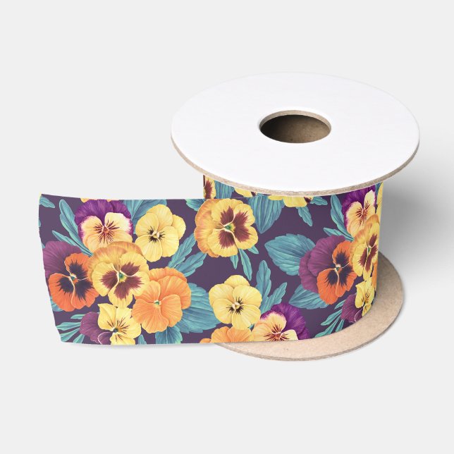 Pansies on plum violet satin ribbon (Spool)