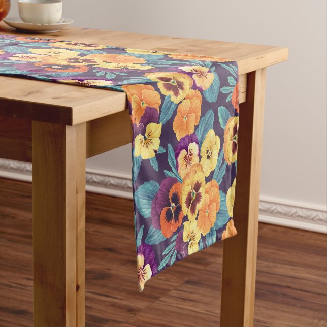 Pansies on plum violet short table runner (In Situ)