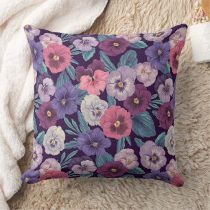 Pansies on plum violet throw pillow