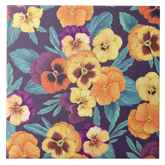 Pansies on plum violet tile (Front)