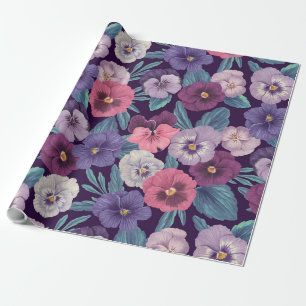Pansies on plum violet wrapping paper