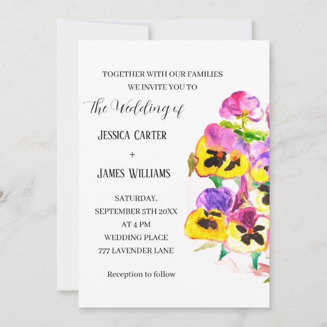 Pansies Pansy Floral Watercolor Wedding Invitation (Front)