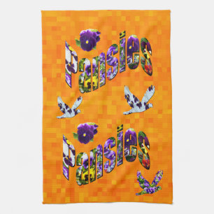 Pansies Picture Logo With Pansy Flying Doves, Kitchen Towel