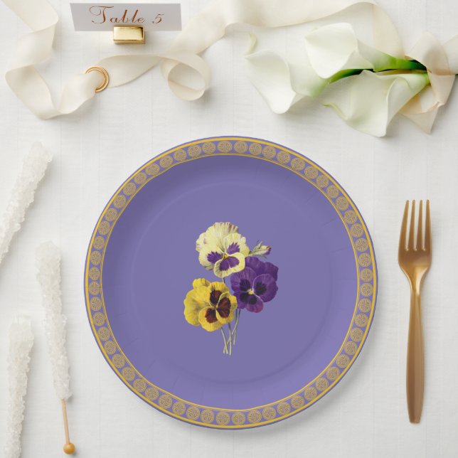 Pansies, purple and yellow paper plate (Wedding)