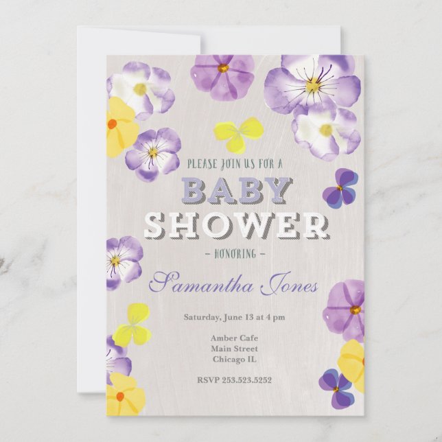 Pansies violas baby shower invitation (Devant)