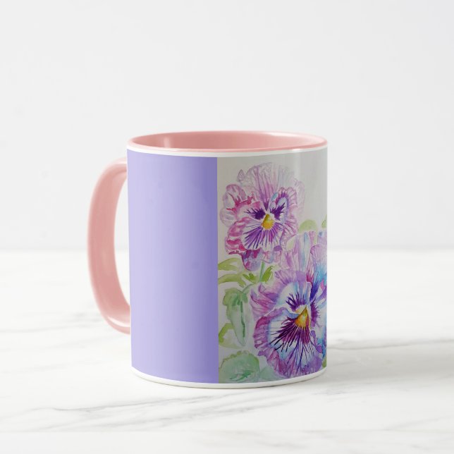 Pansies violettes Aquarelle Peinture Mug rose (Devant gauche)