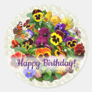 Pansy Beauty Happy Birthday Custom Text Classic Round Sticker