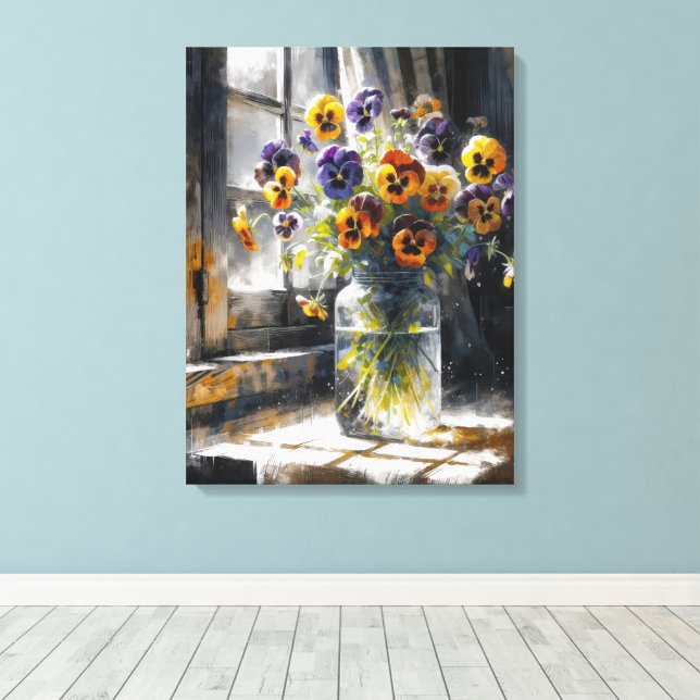 Pansy Bouquet In a Window Impressionism Canvas Print (Insitu(Wood Floor))