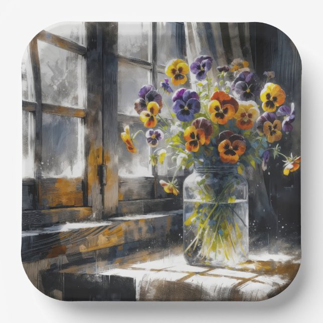 Pansy Bouquet In a Window Impressionism Paper Plate (Front)
