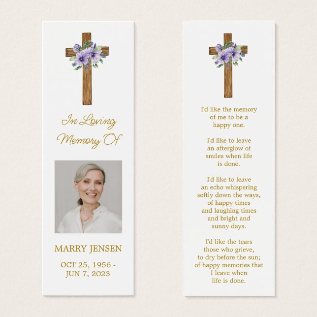 Pansy Cross Photo Funeral Bookmark (Front & Back)