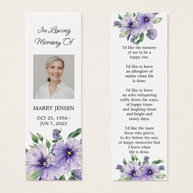 Pansy Floral Photo Funeral Memorial Bookmark (Front & Back)