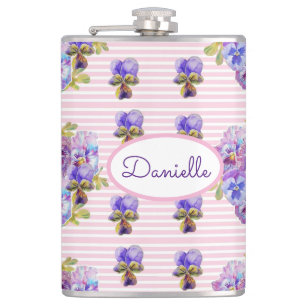 Pansy Floral Viola Vintage Womans Pink Stripe  The Hip Flask