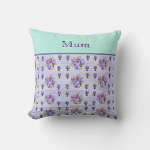 Pansy Flower Aqua Stripe art floral Mothers Name  Throw Pillow