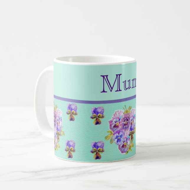 Pansy Flower Aqua Stripe floral Mom Mothers Day Co Coffee Mug (Front Left)