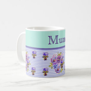 Pansy Flower Aqua Stripe floral Mum Mothers Day Coffee Mug