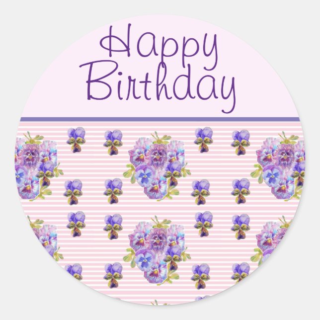 Pansy Flower Pink Stripe floral Happy Birthday Classic Round Sticker (Front)