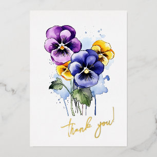 Pansy Flower "Thank you!" Editable Foil Holiday Card