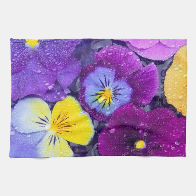 Pansy flowers floating in bird bath with dew 2 kitchen towel (Horizontal)