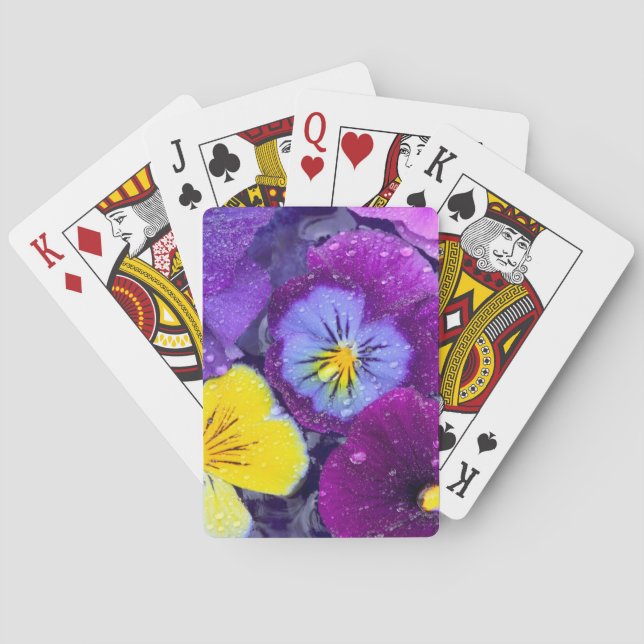 Pansy flowers floating in bird bath with dew 2 playing cards (Back)