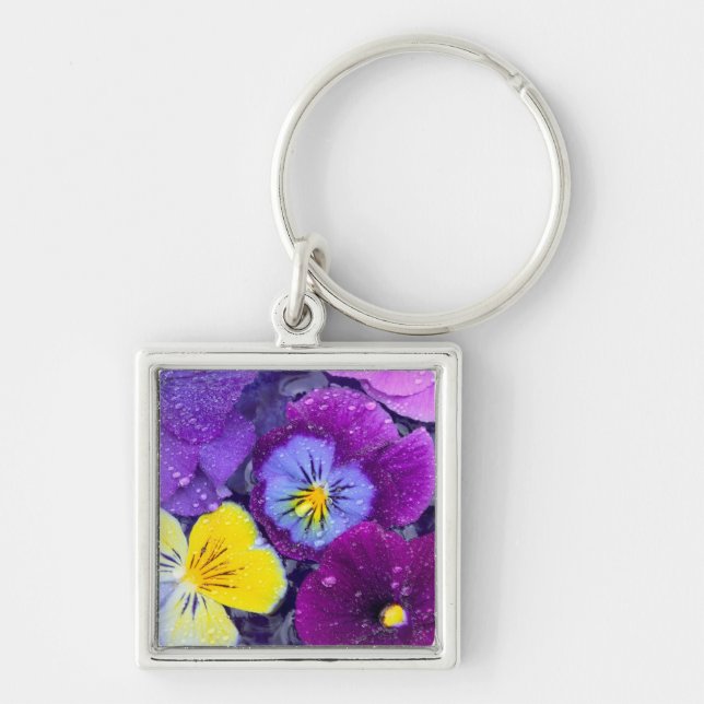 Pansy flowers floating in bird bath with dew keychain (Front)