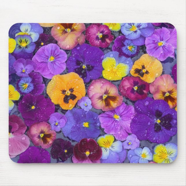 Pansy flowers floating in bird bath with dew mouse pad (Front)