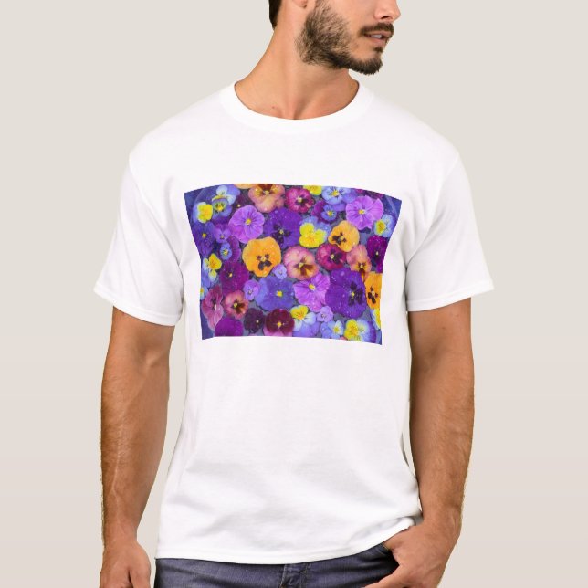 Pansy flowers floating in bird bath with dew T-Shirt (Front)