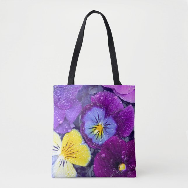 Pansy flowers floating in bird bath with dew tote bag (Front)