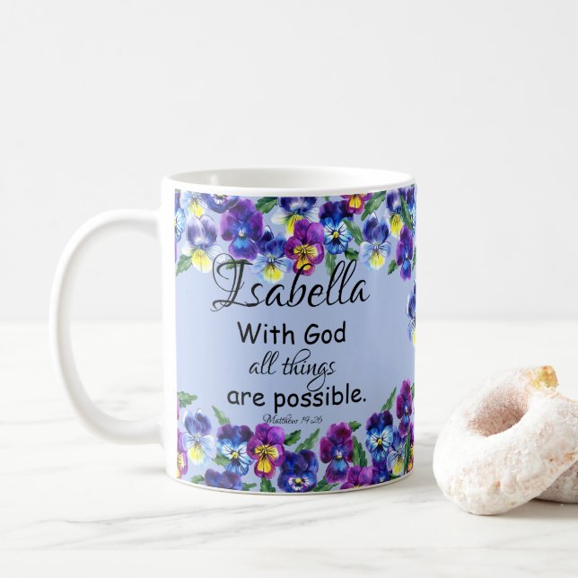 Pansy Flowers Floral Christian Scripture Name Coffee Mug (With Donut)