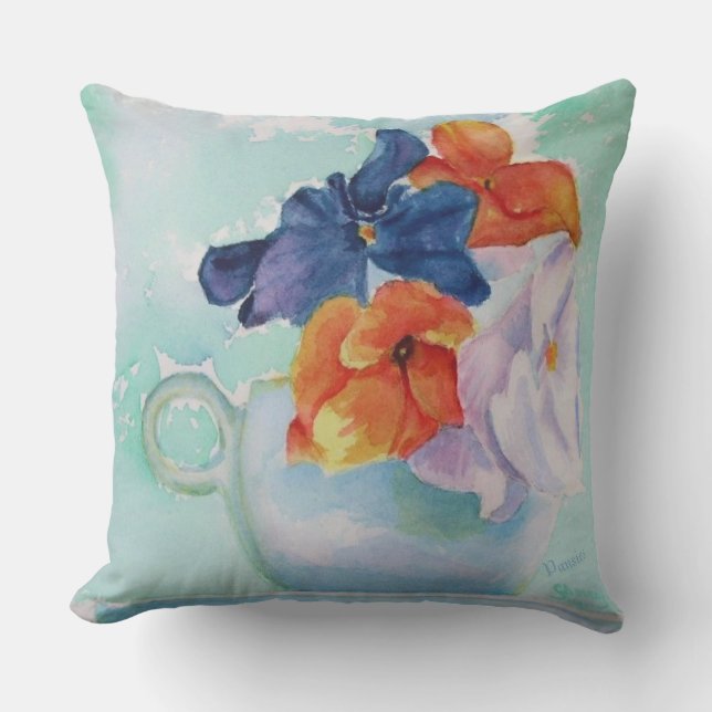 PANSY FLOWERS IN A TEACUP PATIO OUTDOOR PILLOW (Front)