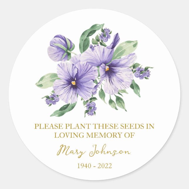 Pansy Memorial Funeral Seed Packet Classic Round Sticker (Front)