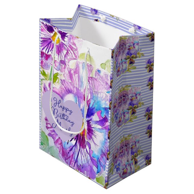 Pansy Pansies Purple Flower Birthday Girls Name Medium Gift Bag (Front Angled)