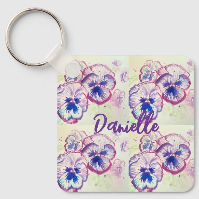 Pansy Pansies Purple Flower Floral Pink Keychain (Front)