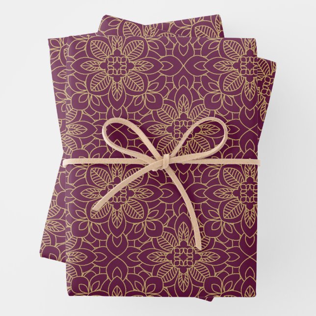 Pansy Purple Arabesque Islamic geometric patterns Wrapping Paper Sheet (In situ)