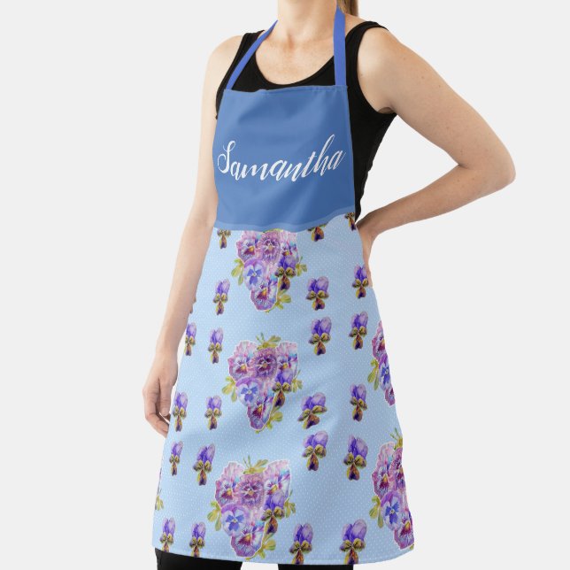 Pansy Purple Shabby Chic Blue Polka Dot Viola Apron (Insitu)