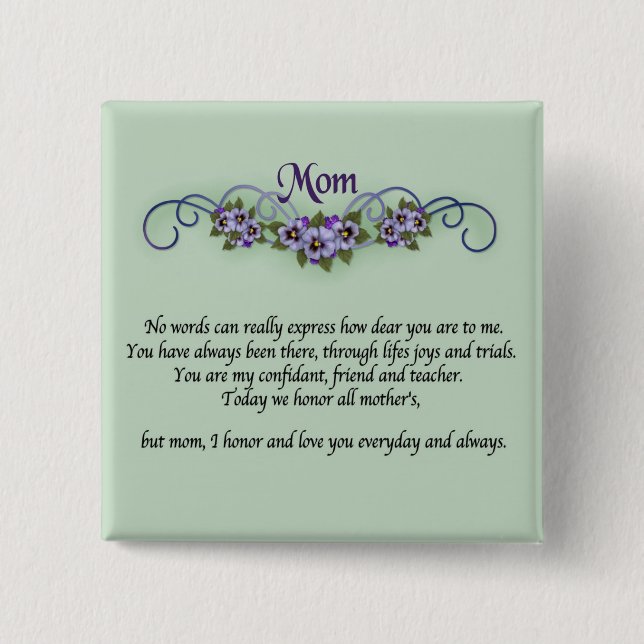 Pansy Scrolls Mother's Day 2 Inch Square Button (Front)