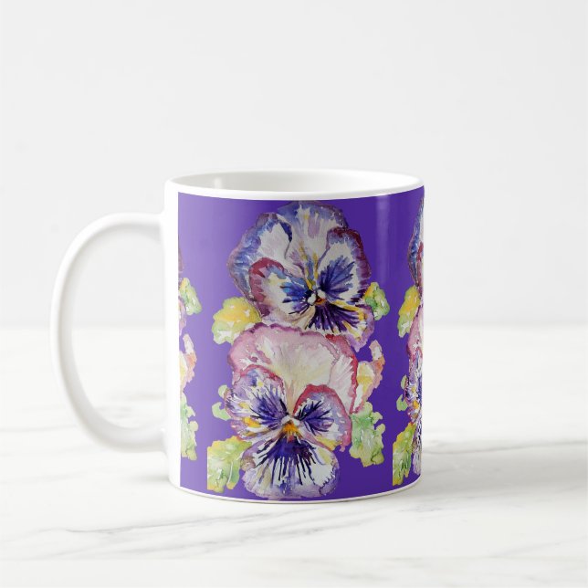 Pansy Watercolor floral Pattern on Dark Purple Mug (Left)