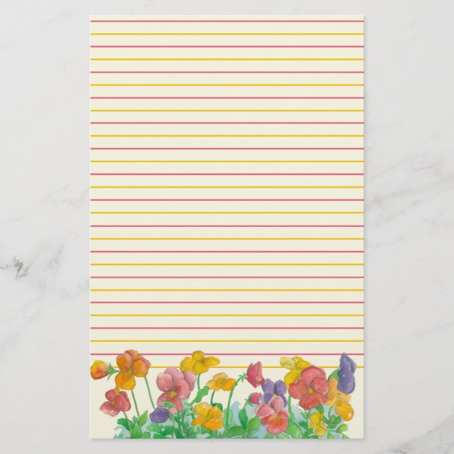 Pansy Watercolor Flowers Red Yellow Lined Stationery (Front)