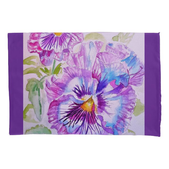 Pansy Watercolor Pattern on Purple Blue Pansies Pillowcase (Front)