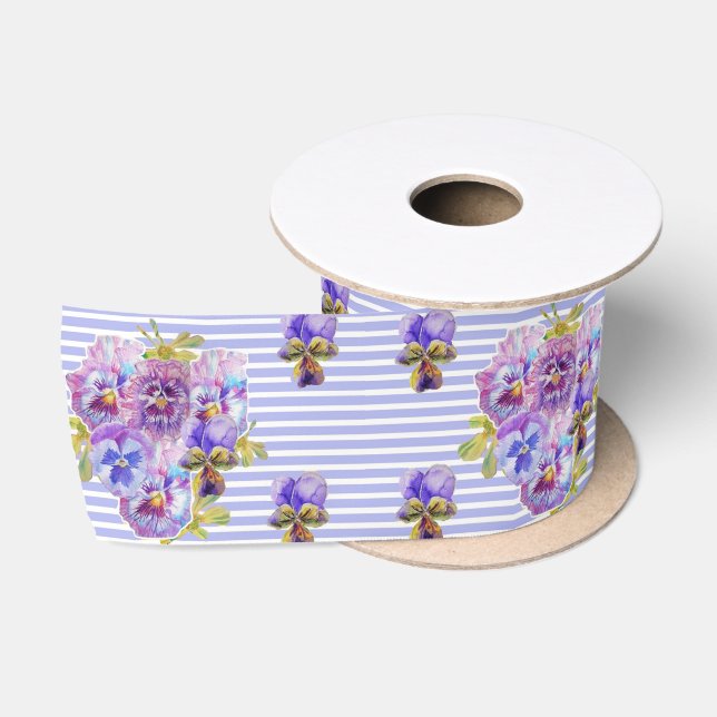 Pansy Watercolor Purple Pretty floral Satin Ribbon (Spool)