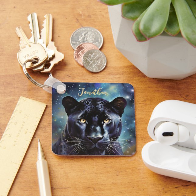 Panther Animal Portrait Personalized Name Keychain (Desk)
