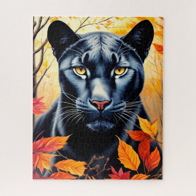 Panther Chat Automne Feuilles Art Jigsaw Puzzle (Vertical)